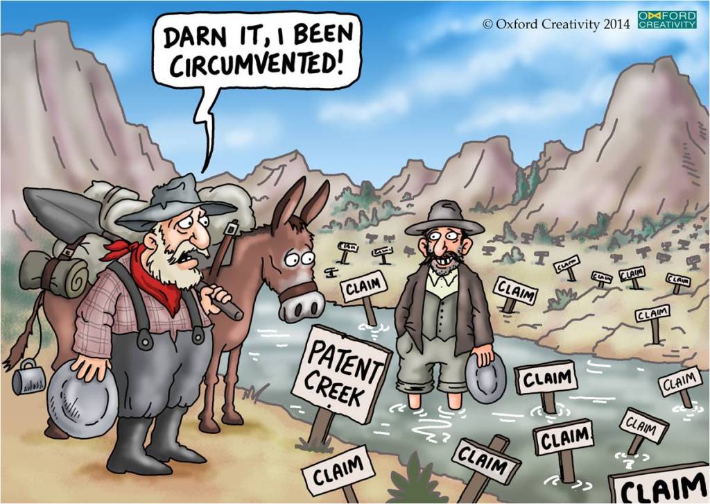 Cartoon of old prospector complaining that the creek has been patented - "Darn it, I been circumvented"